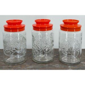 3pc Vintage Anchor Hocking Tang Glass Jar Canisters Embosses Patterns Roses Cabi